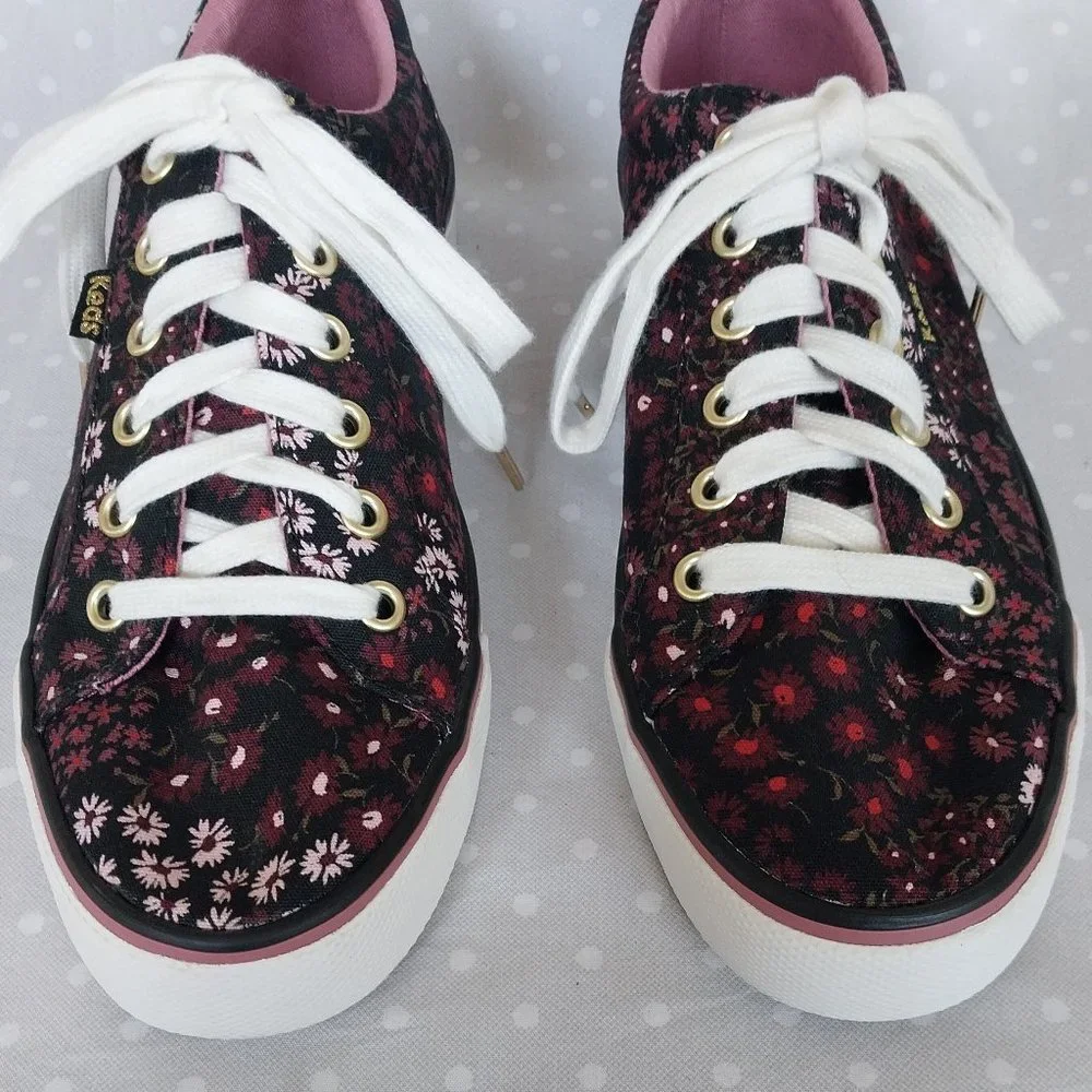 Keds Jump Kick Black and Pink Floral Print Lace Up Sneaker NWOB